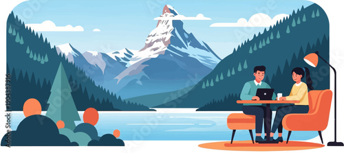 Couple working remotely with laptop by a serene mountain lake and forest