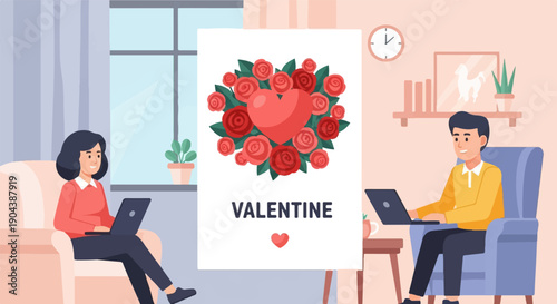 Couple working remotely on Valentine's Day, with a festive heart and roses display