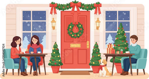 Cozy Christmas gathering with loved ones and a dog on a snowy evening