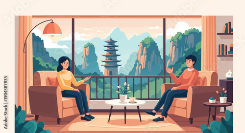 Couple relaxing indoors with a scenic view of mountains and pagoda