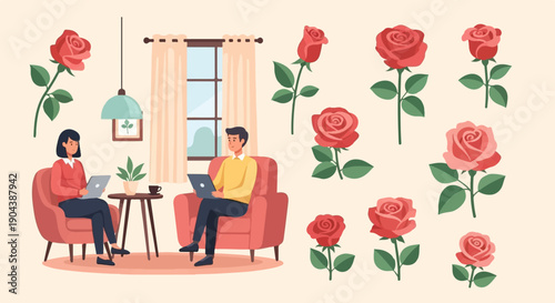Couple working remotely with roses decorating room