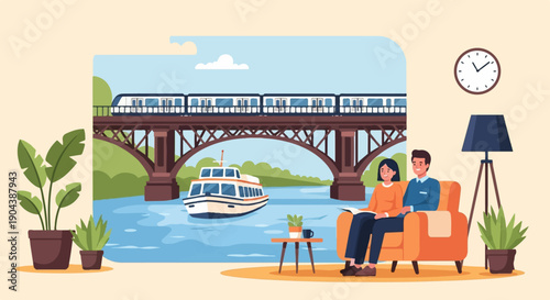 Couple relaxing indoors with a scenic view of a train, boat, and bridge