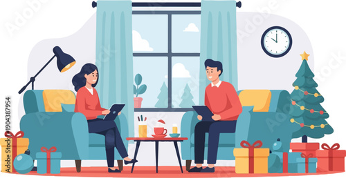 Cozy Christmas living room scene with couple, gifts, and tree