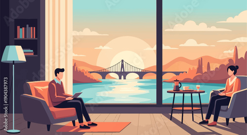 Couple relaxing indoors with a sunset view of a bridge over water