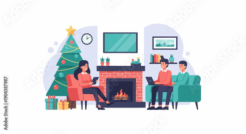 Cozy Christmas interior with people relaxing by a warm fireplace