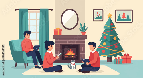 Cozy Christmas living room with family, fireplace, tree, gifts, and a cat