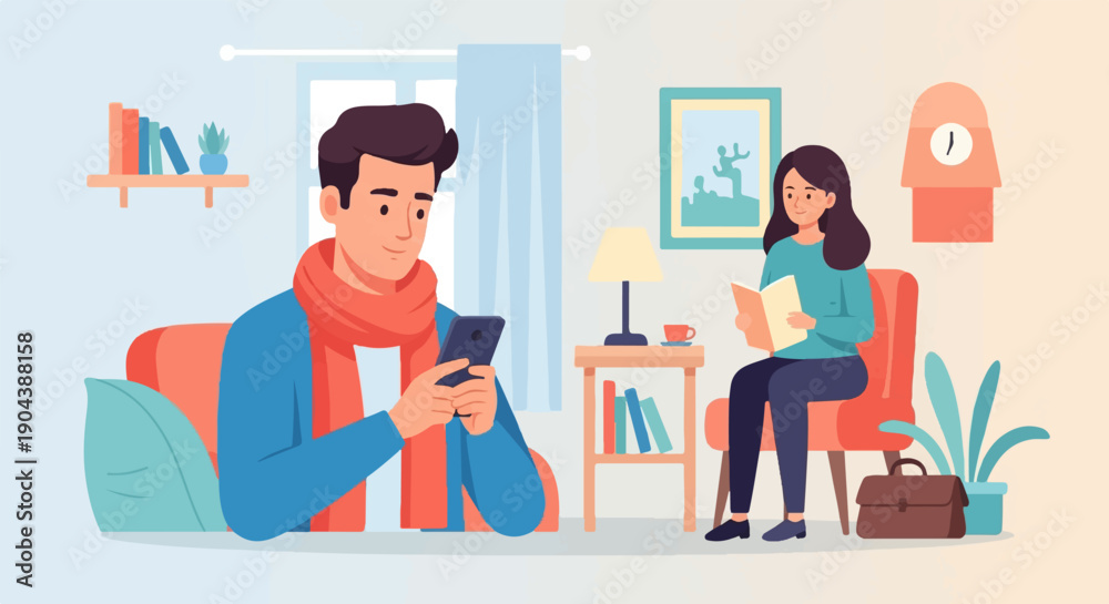 Fototapeta premium Cozy indoor scene with man on phone and woman reading