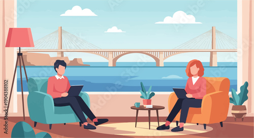 Couple works on laptops in armchairs, overlooking bridge and water