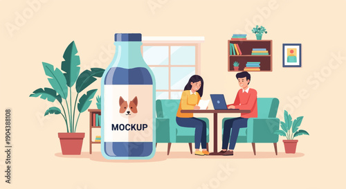 Couple works remotely at home with a large product mockup bottle