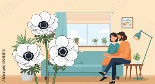 Couple relaxing indoors with anemone flowers, potted plants, and a lamp