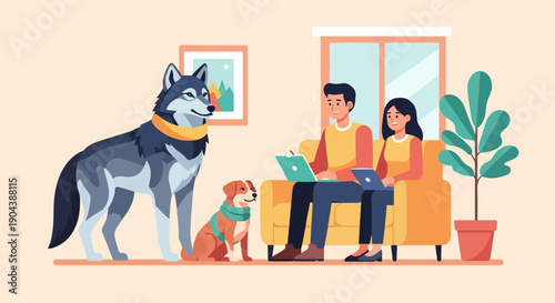 Couple works on laptops with dogs and plant in cozy room