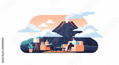 Couple works remotely with a volcano erupting in the background