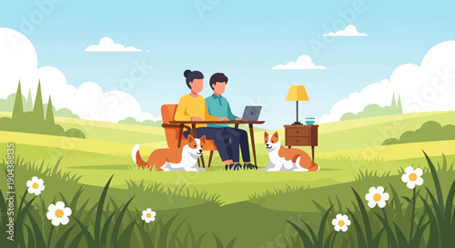 Couple works remotely on laptops outdoors with corgi dogs and flowers