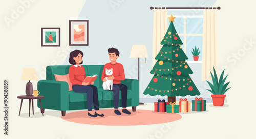 Cozy Christmas scene with a couple, cat, gifts, and decorated tree