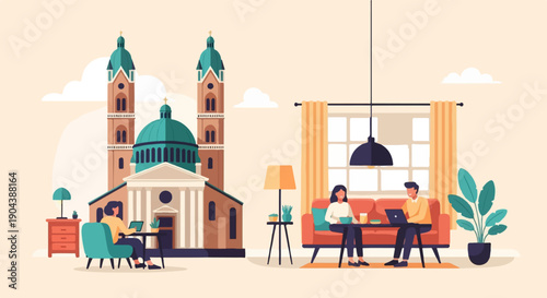 Cozy interior with people working and relaxing near a majestic church facade
