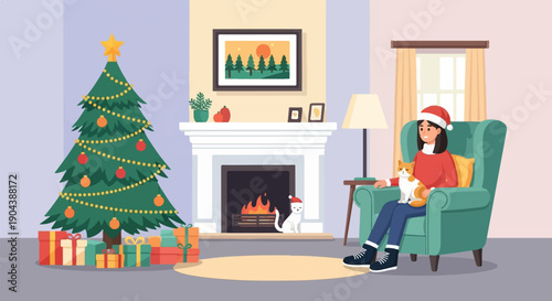Cozy Christmas scene with a woman holding a cat by the fireplace and tree