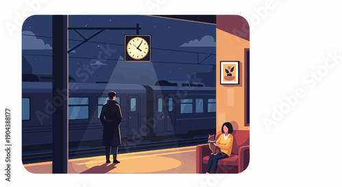 Couple waits on a platform at night near a train