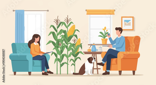Couple relaxing indoors with dog, corn plants, and coffee setup