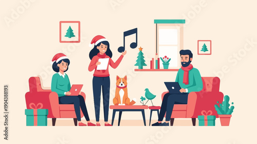 Cozy Christmas scene with people, dog, bird, and gifts