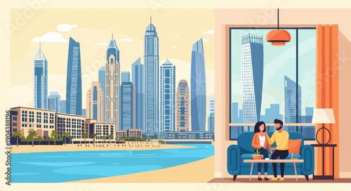 Couple relaxing indoors with city skyline view and beach