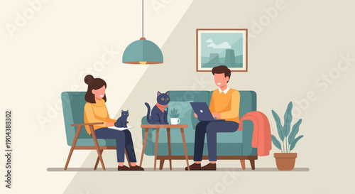 Couple relaxing indoors with pets, one person works on a laptop, the other reads