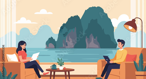 Couple relaxing indoors with scenic ocean and mountain view, using laptops