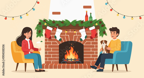 Cozy Christmas scene with couple, dog, and festive fireplace