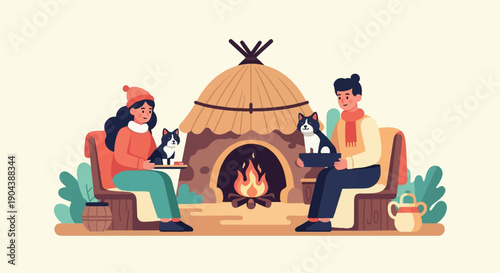 Cozy couple with cats by a roaring fire, warm winter scene