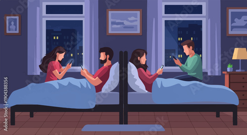 Couples in bed at night, engrossed in their phones, disconnected from each other