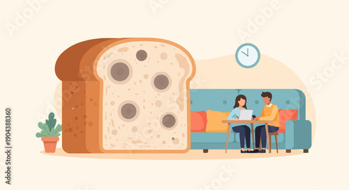 Couple working on laptop at table next to giant slice of bread