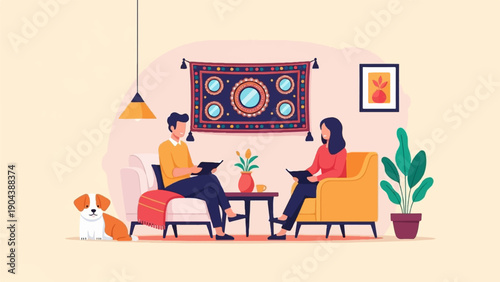 Cozy living room scene with a couple reading and a dog