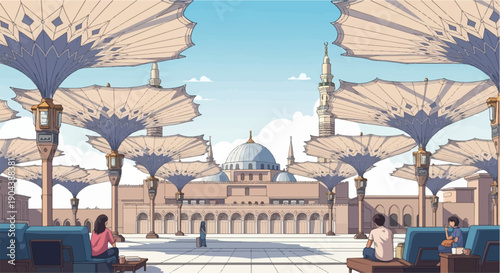 Courtyard of a grand building with large umbrellas and people relaxing