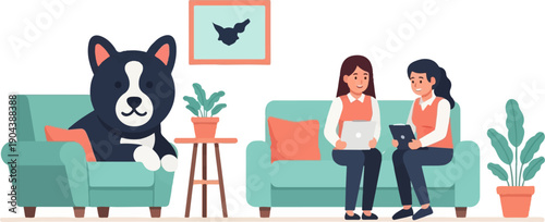 Cozy living room scene with a dog on a sofa and two women working on laptops