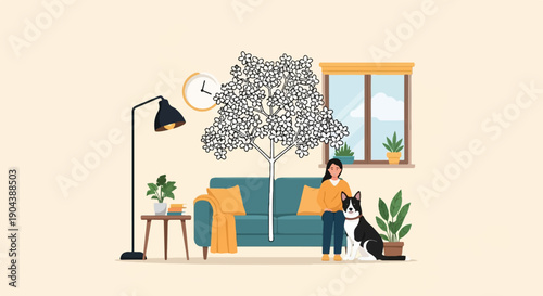 Cozy living room scene with a woman, dog, sofa, tree, lamp, clock, and window