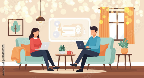 Couple working on laptops at home on cozy sofas, bright ambiance