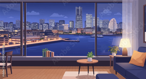 Cozy apartment interior overlooking a pixelated cityscape at night