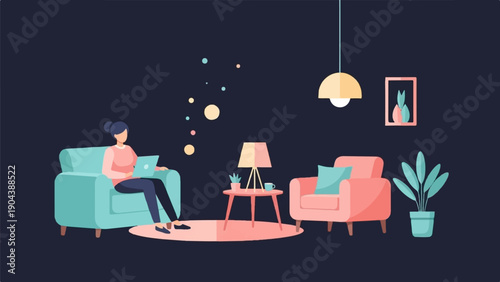 Cozy living room scene with a woman on a laptop and two chairs