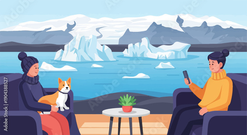 Cozy arctic scene with two people and a corgi enjoying the view