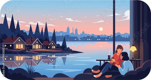 Cozy evening by the lake with a view of distant city and homes