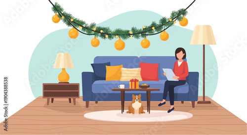 Cozy living room scene with a woman reading, a dog, and festive holiday decorations