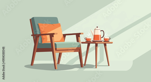 Cozy armchair with a small table holding a tea set, bathed in soft light
