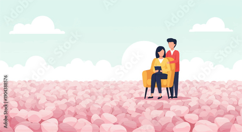Couple relaxing on a chair amidst a field of pink flowers under a cloudy sky