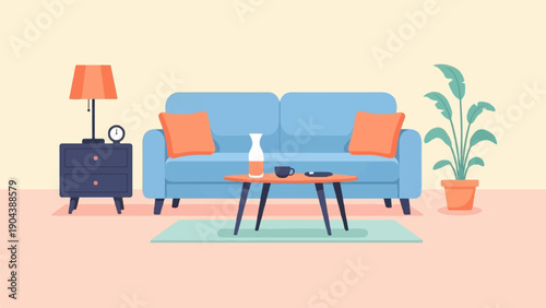 Cozy living room scene with blue sofa, orange pillows, and coffee table