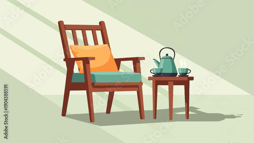 Cozy armchair with tea set in sunlit room