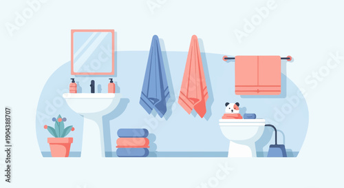 Cozy bathroom scene with sink, mirror, towels, and toilet