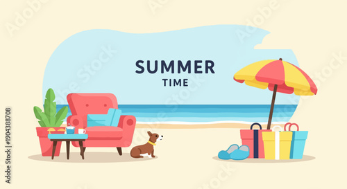 Cozy beach setup with armchair, dog, and gifts under a striped umbrella