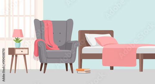 Cozy bedroom corner with armchair, bed, nightstand, lamp, plant, and books