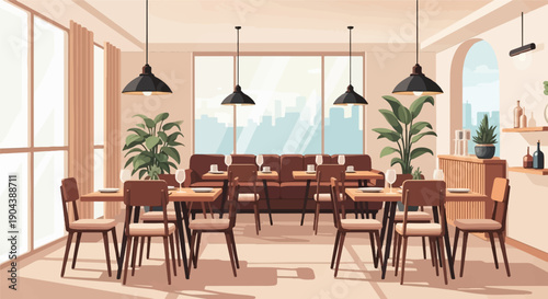 Cozy interior of a dining establishment with tables, chairs, and plants