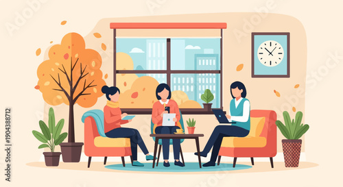 Cozy autumn scene with people working indoors near a window