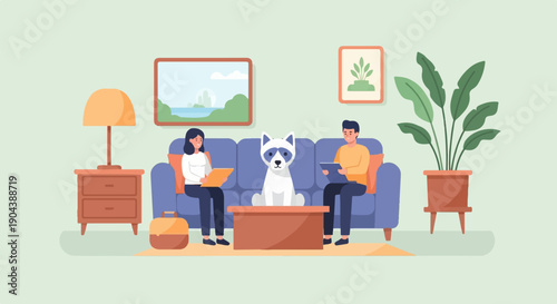 Cozy living room scene with people and a pet dog on sofa